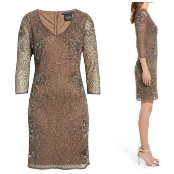 Pisarro Nights Dress Beaded Sequin Lace 3/4 Sleeve Cocktail Shift Mini Brown 2 - Picture 1 of 10